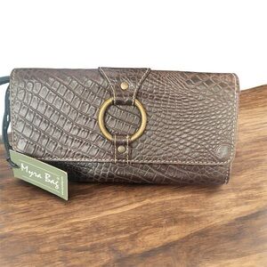 Myra Bag Crocodile Embossed Brown Clutch with Gold Accent